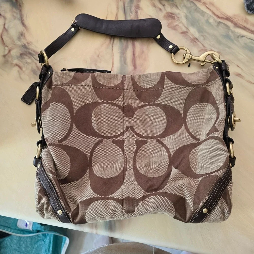 Coach Carly Signature Jacquard Hobo Bag Brown Tan Leather Trim 12873 Y2K